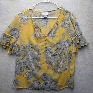 Liz Claiborne Yellow Floral Chiffon Blouse Sheer V-Neck Ruffle Sleeve Size M